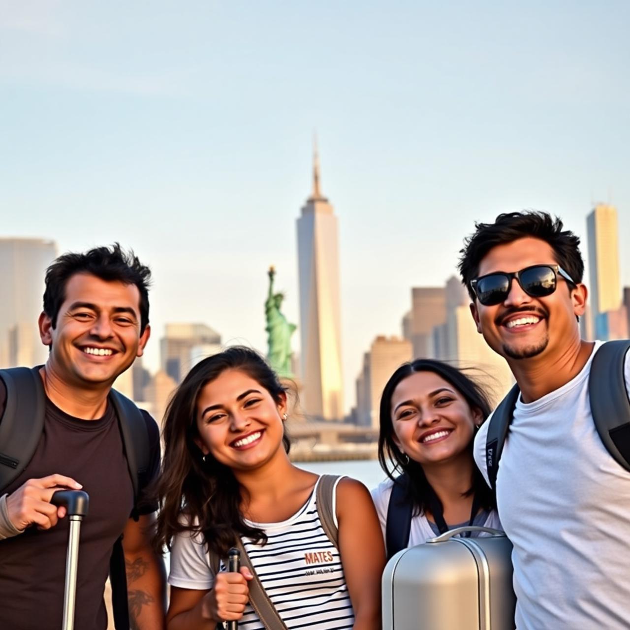 Família brasileira viajando para os Estados Unidos com o skyline de Nova York ao fundo